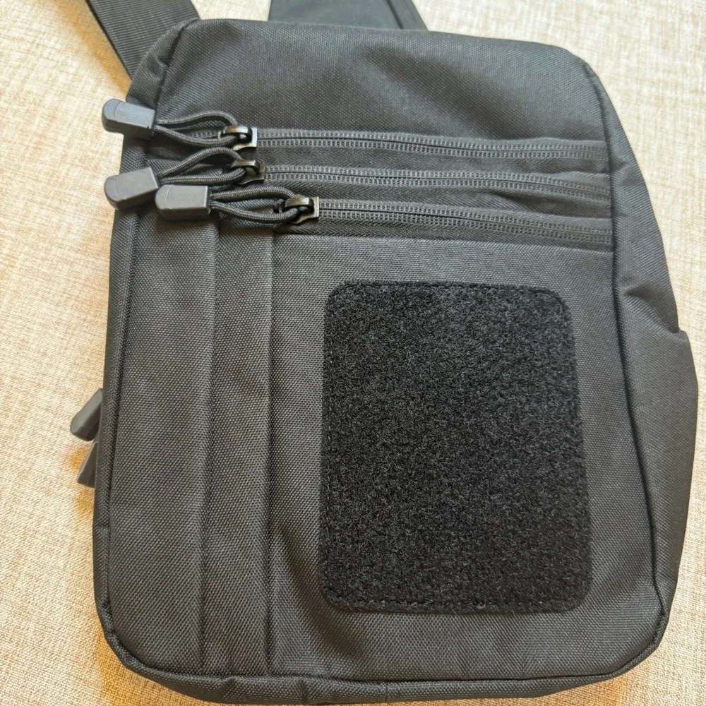 Tactical Sling Bag Black Crossbody Chest Pack with Holster and Patch Panel